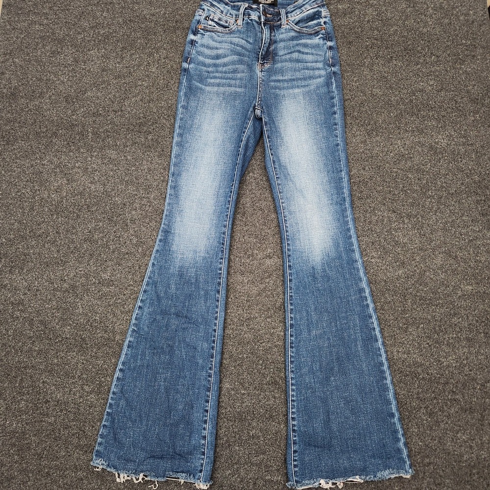 Judy Blue Womens 1|25 Control Top Flare Blue Raw‎ Hem Jeans Festival JB88482